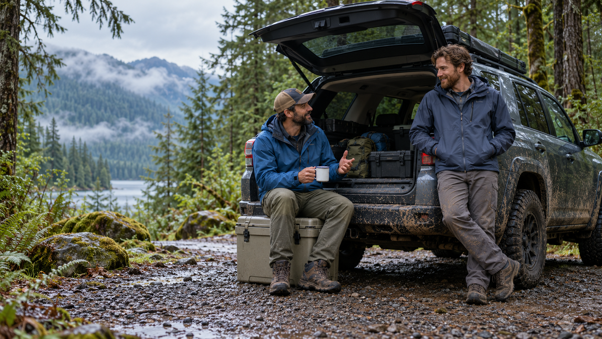 Illustration of two friends talking over coffee beside an off-road vehicle at a wooded trailhead.